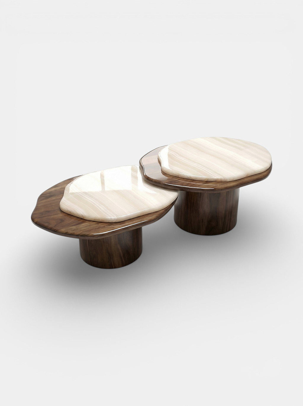 Left 3/4 view of Nuga Duo wood and vanilla onyx coffee table, Italian crafted luxury furniture