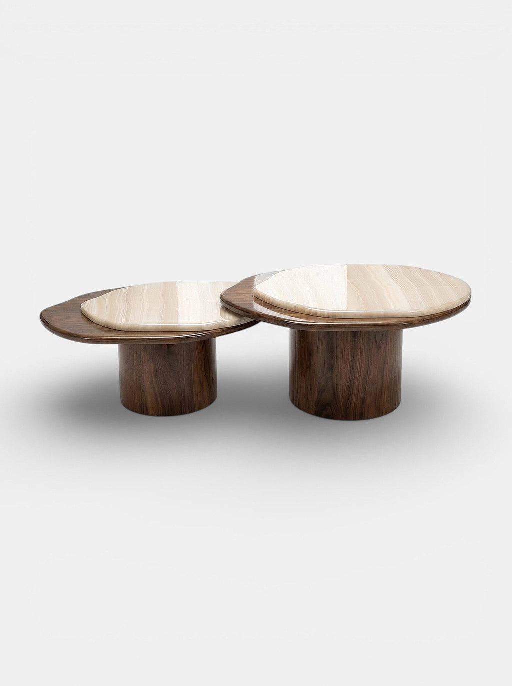 Front view of Nuga Duo coffee table with wood and vanilla onyx, Italian luxury marble furniture