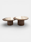 Front view of Nuga Duo coffee table with wood and vanilla onyx, Italian luxury marble furniture