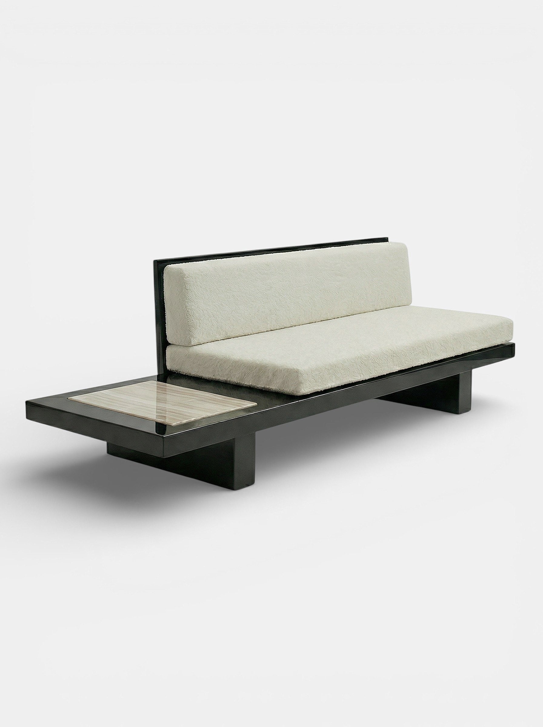 Contemporary Phoebe onyx bench in black ivory marble - luxury Italian design three-quarter view