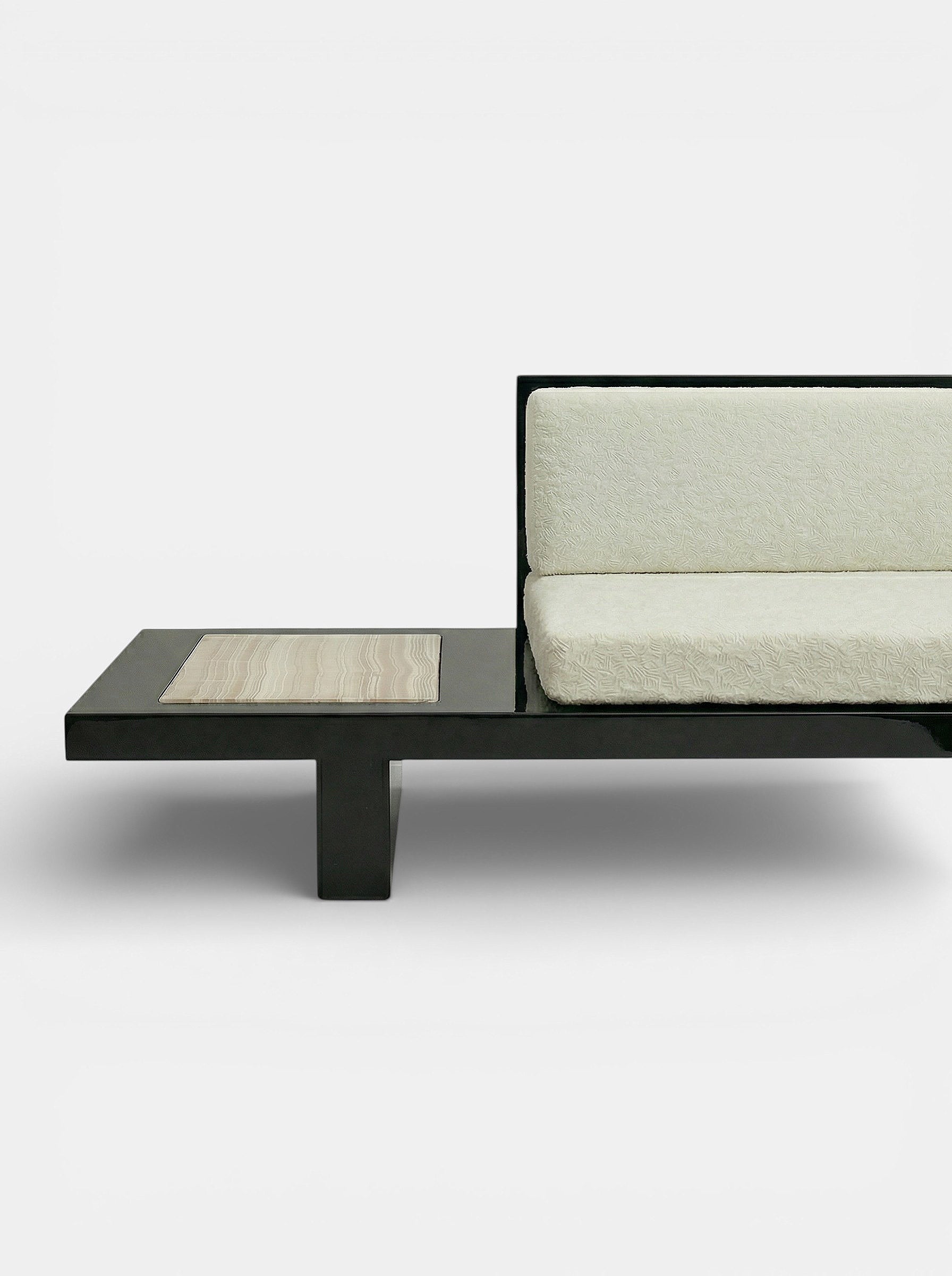 Premium black ivory onyx Phoebe bench - handcrafted Italian marble seating detail perspective