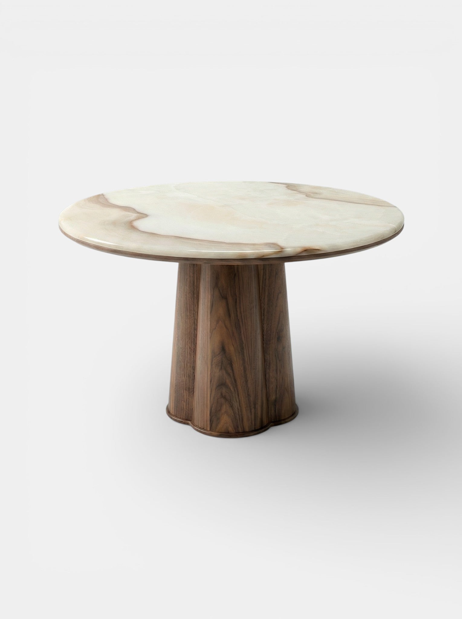 Alternative view of Poli table with glossy wood finish and vanilla onyx marble showing natural patterns