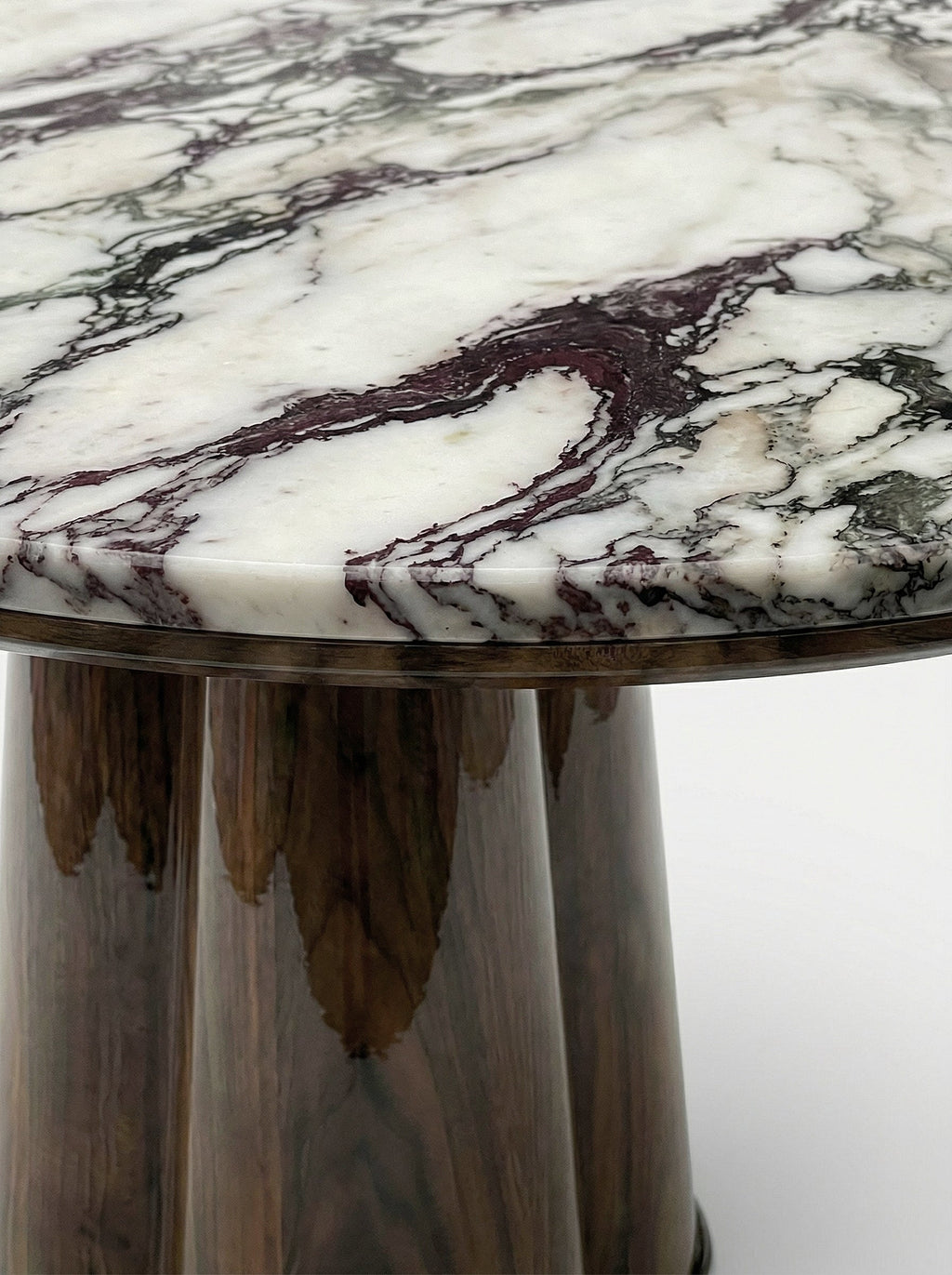 Poli dining table variant with glossy wood base and Calacatta Viola marble top - premium Italian design