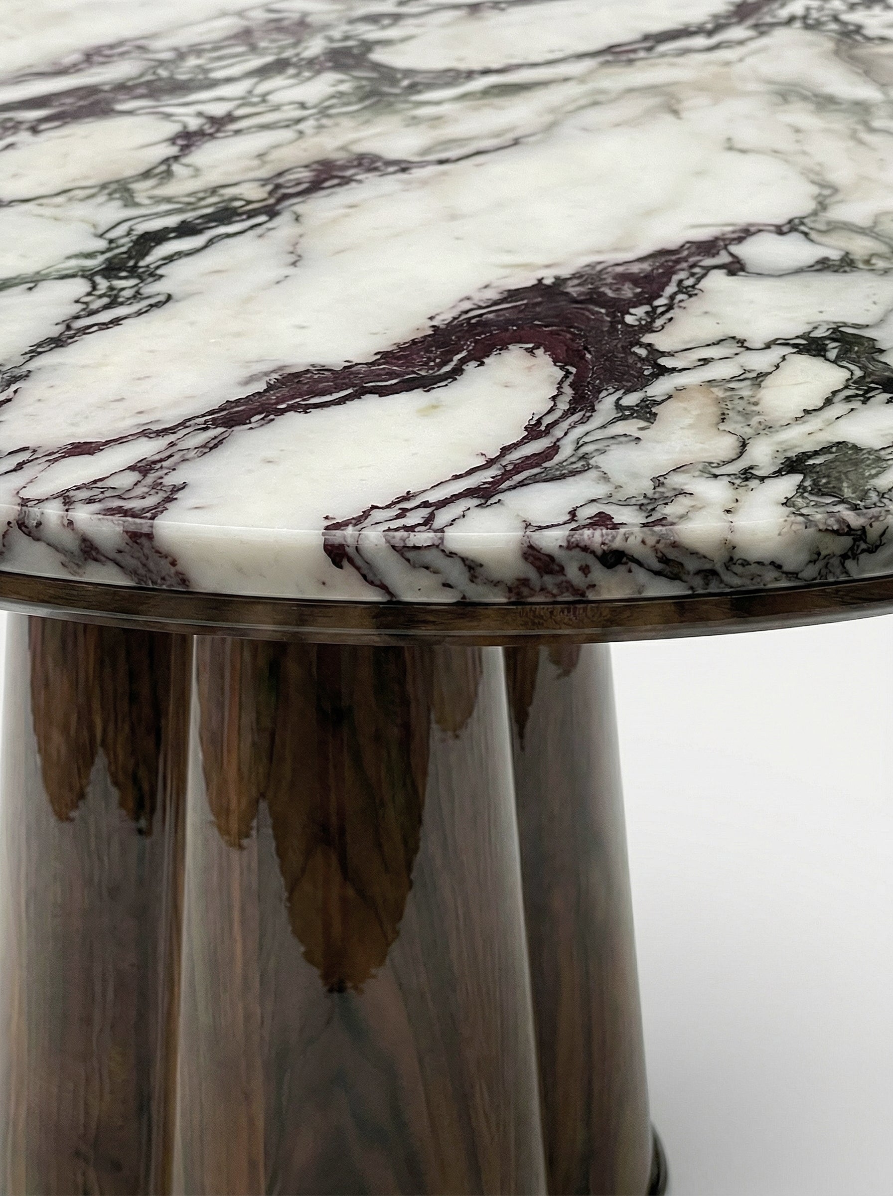 Poli dining table variant with glossy wood base and Calacatta Viola marble top - premium Italian design
