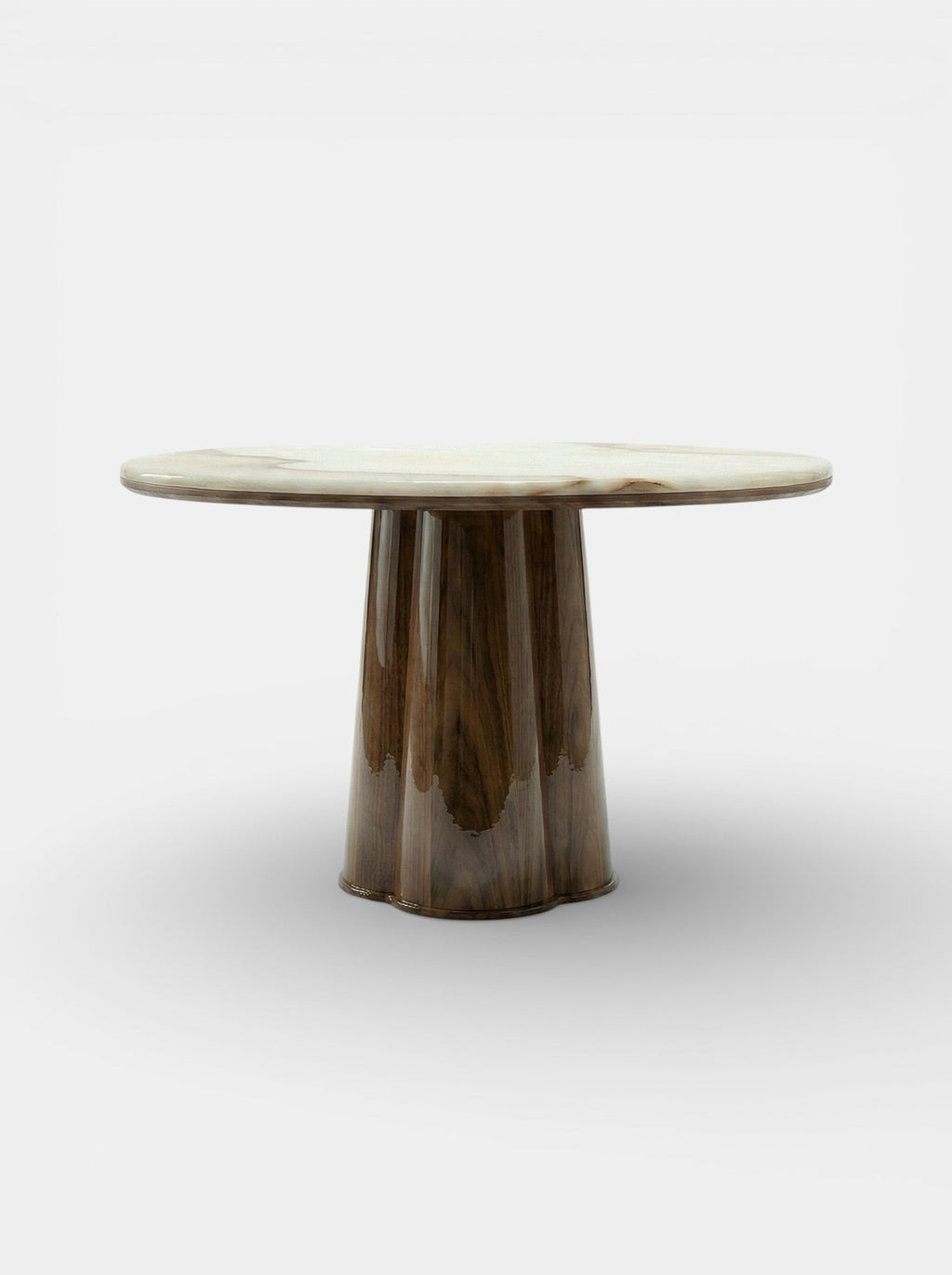 Detail shot of Poli table with glossy wood and vanilla onyx marble showcasing natural stone patterns