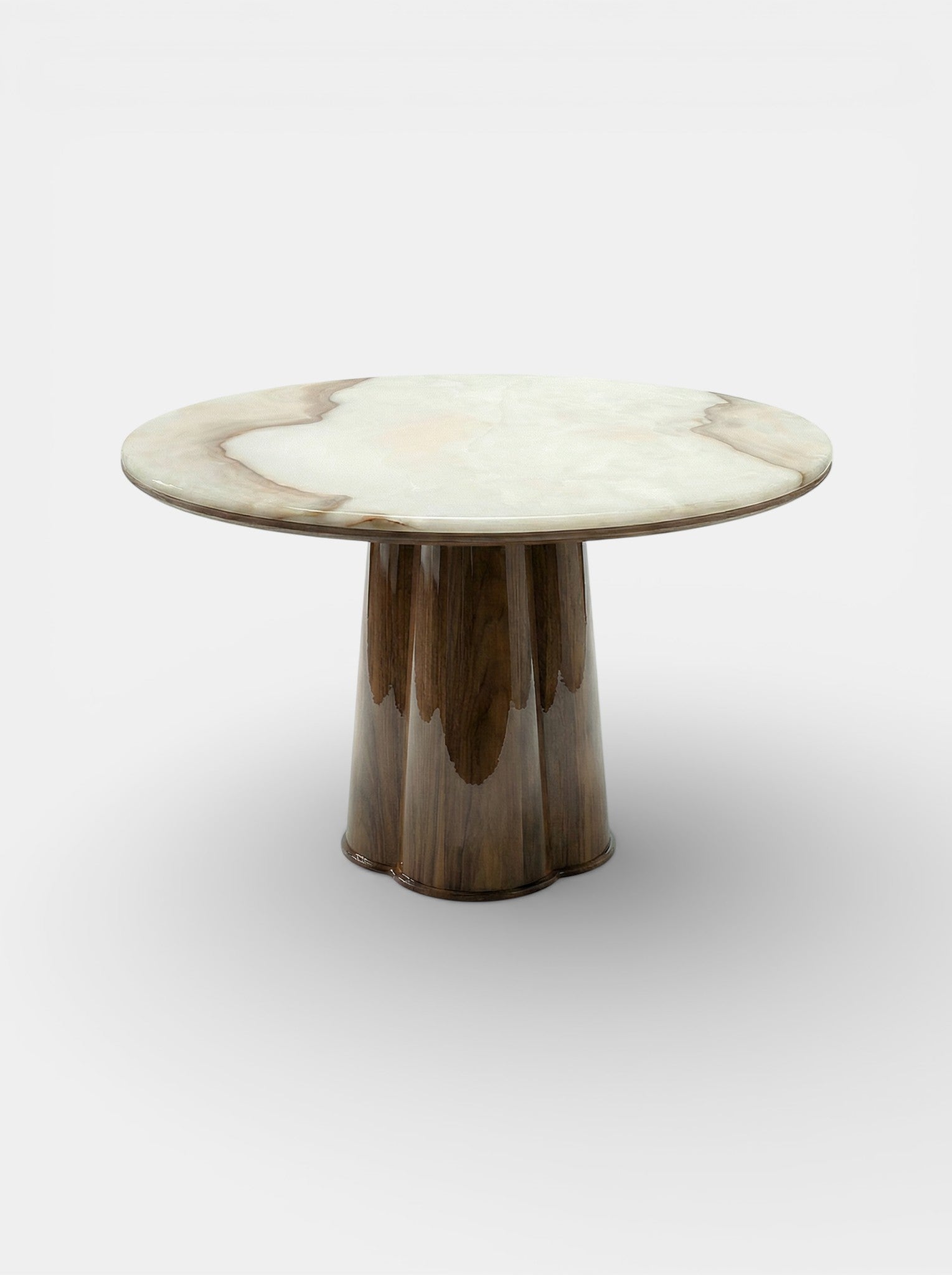 Alternative angle of Poli luxury table featuring glossy wood base with vanilla onyx marble surface