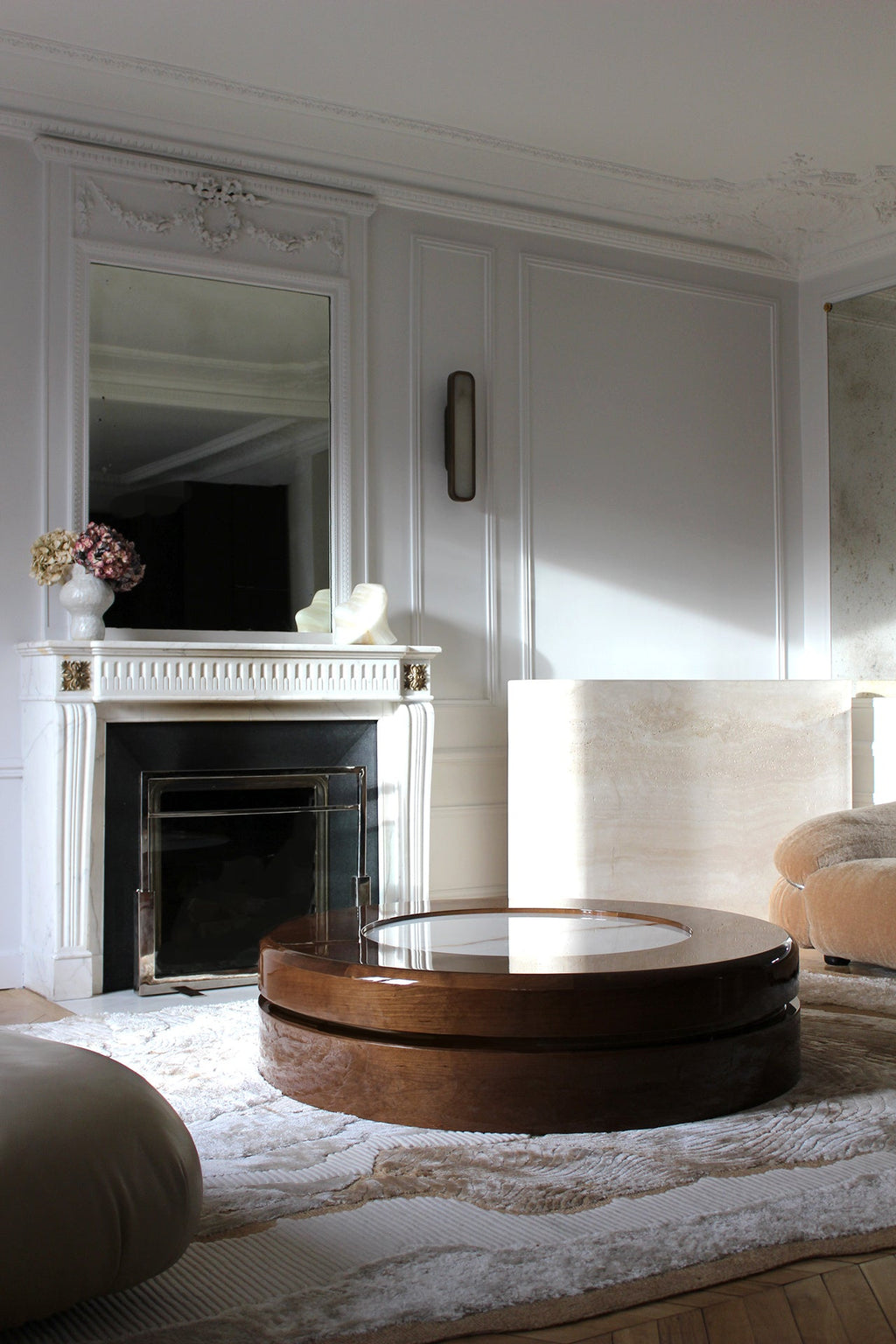 Close-up of Shell onyx marble texture with visible shell fossils - handcrafted Italian table