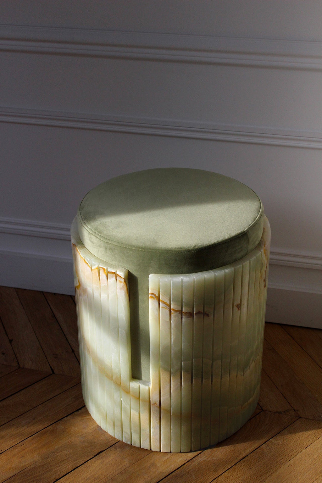 Green onyx Dolce stool lifestyle setting - contemporary Italian marble seating in modern interior
