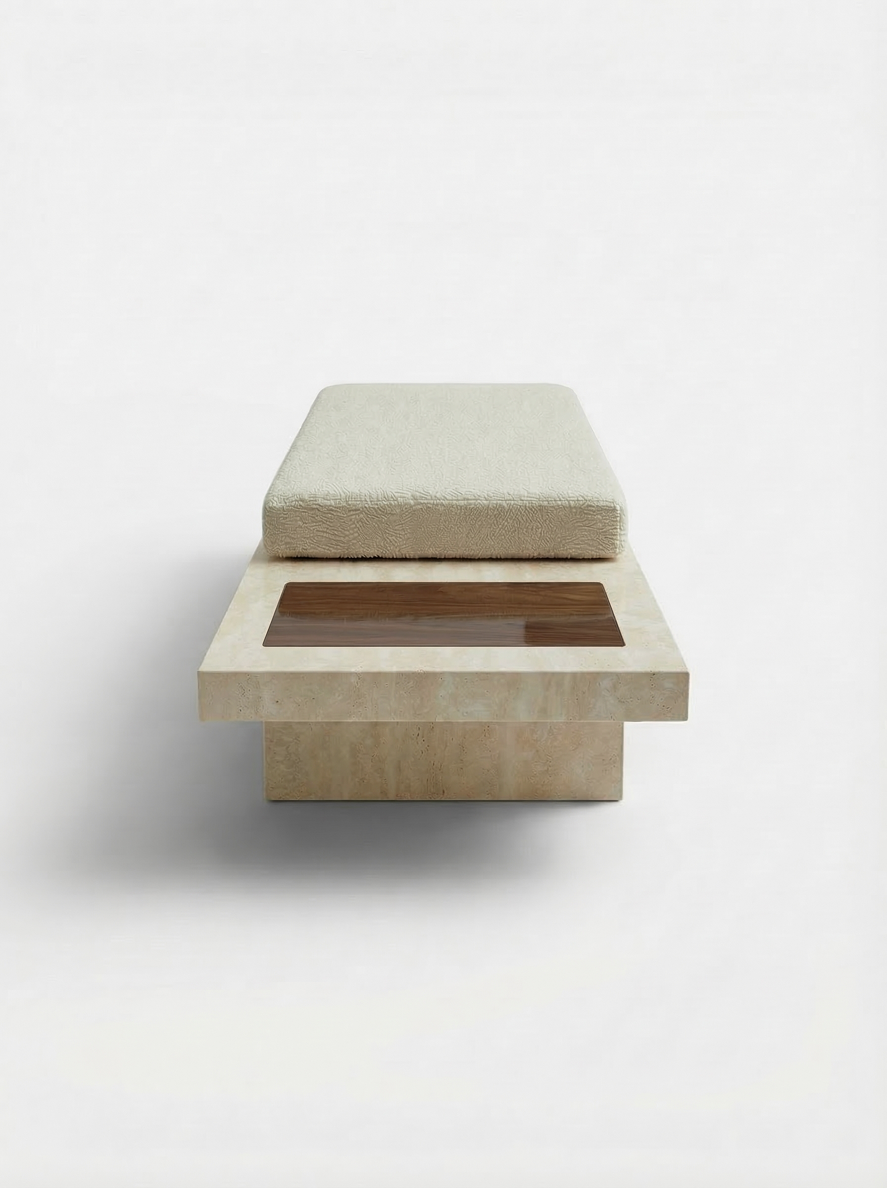 Detail perspective of Sybille bench in travertine and wood showcasing material junction and craftsmanship