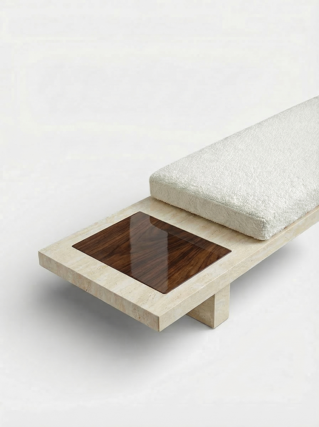 Side view of Sybille travertine wood bench showing natural material contrast and sculptural silhouette