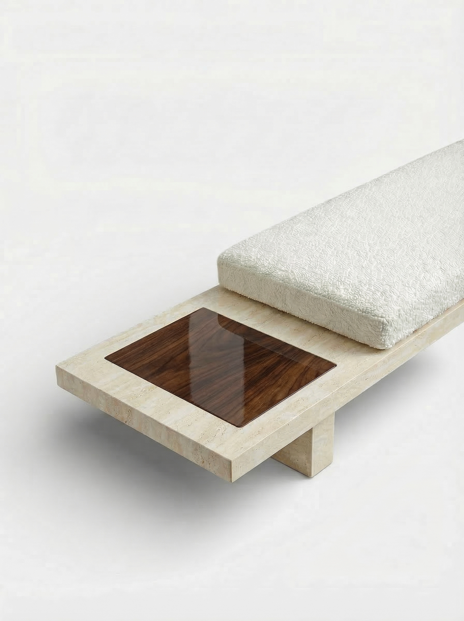 Side view of Sybille travertine wood bench showing natural material contrast and sculptural silhouette