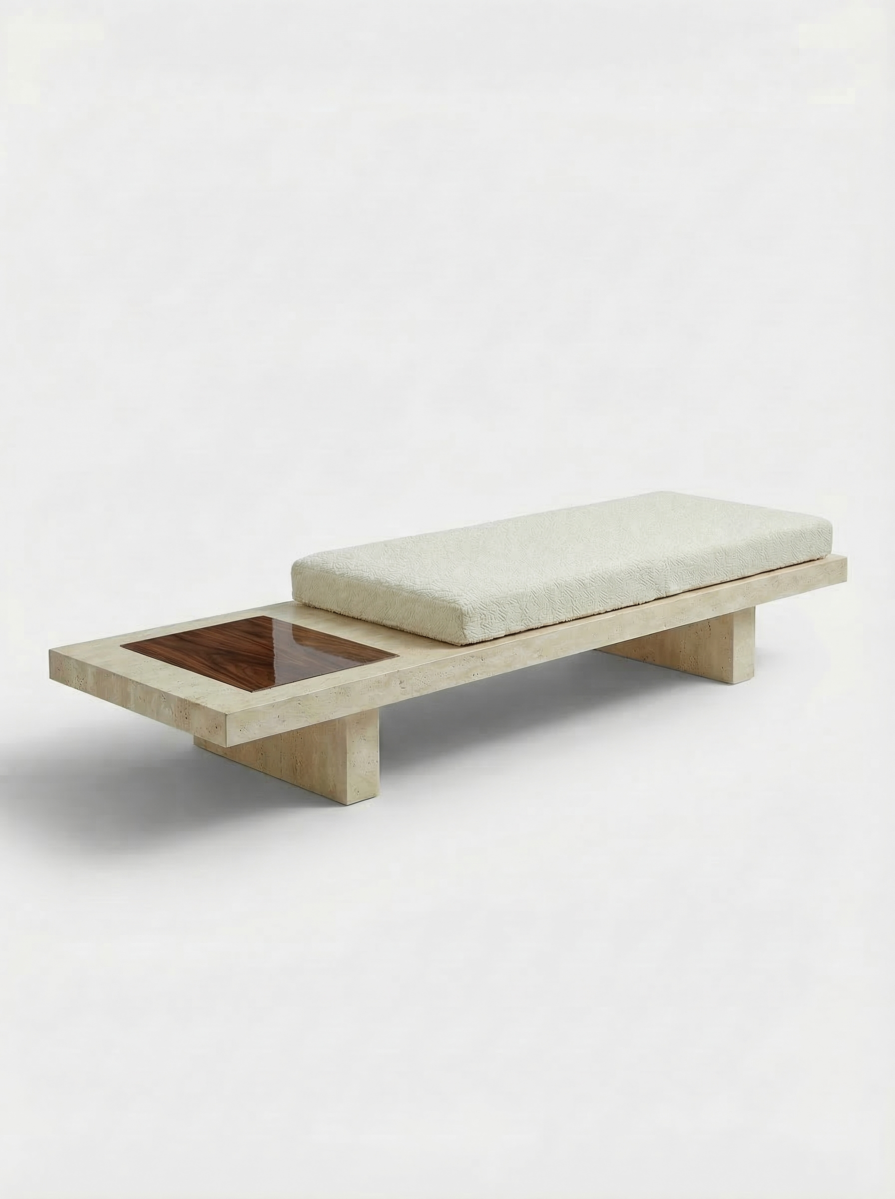 Front angle of Sybille travertine wood bench highlighting natural stone texture and warm wood grain