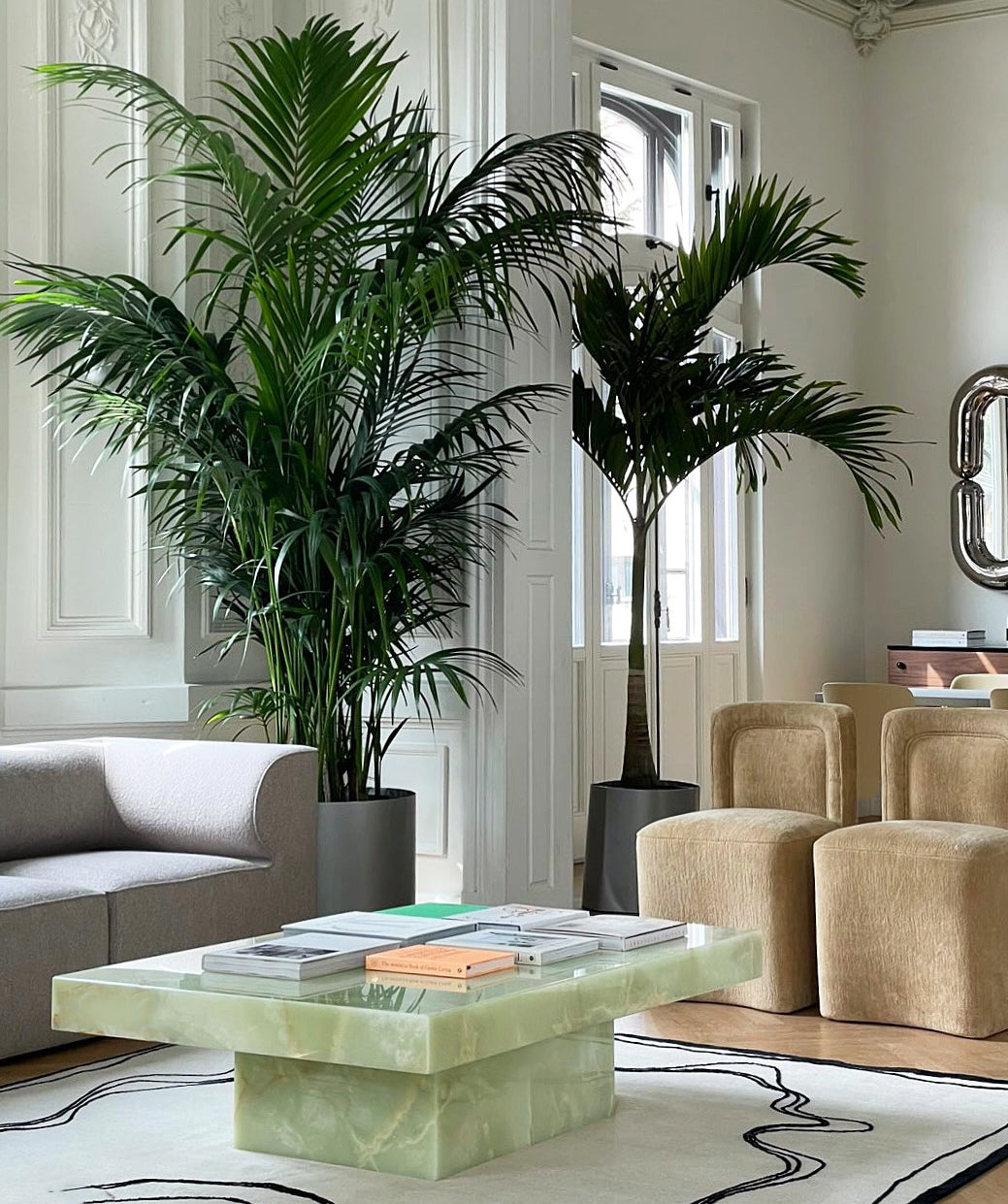 Green onyx Cara coffee table lifestyle view - premium Italian marble furniture in modern setting