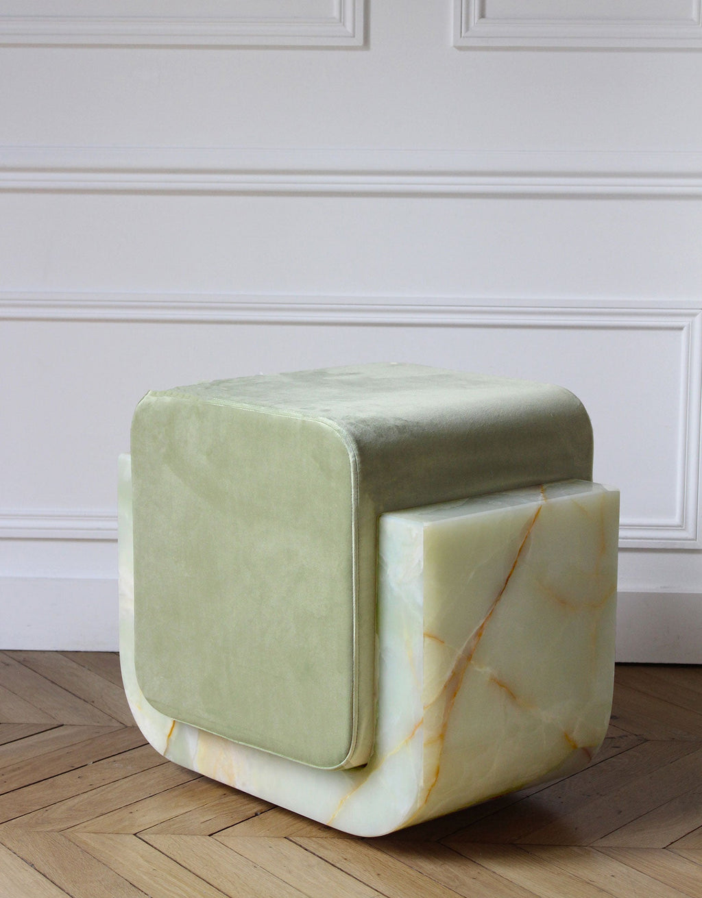Green onyx Oggi stool profile view - handcrafted Italian marble stool with contemporary design