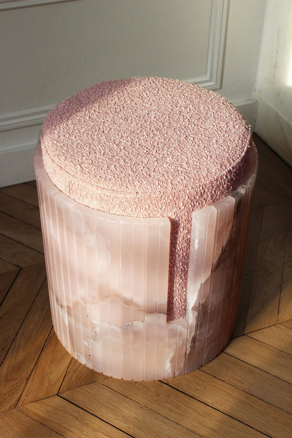 Designer Dolce pink onyx stool - premium Italian marble seating detail craftsmanship focus