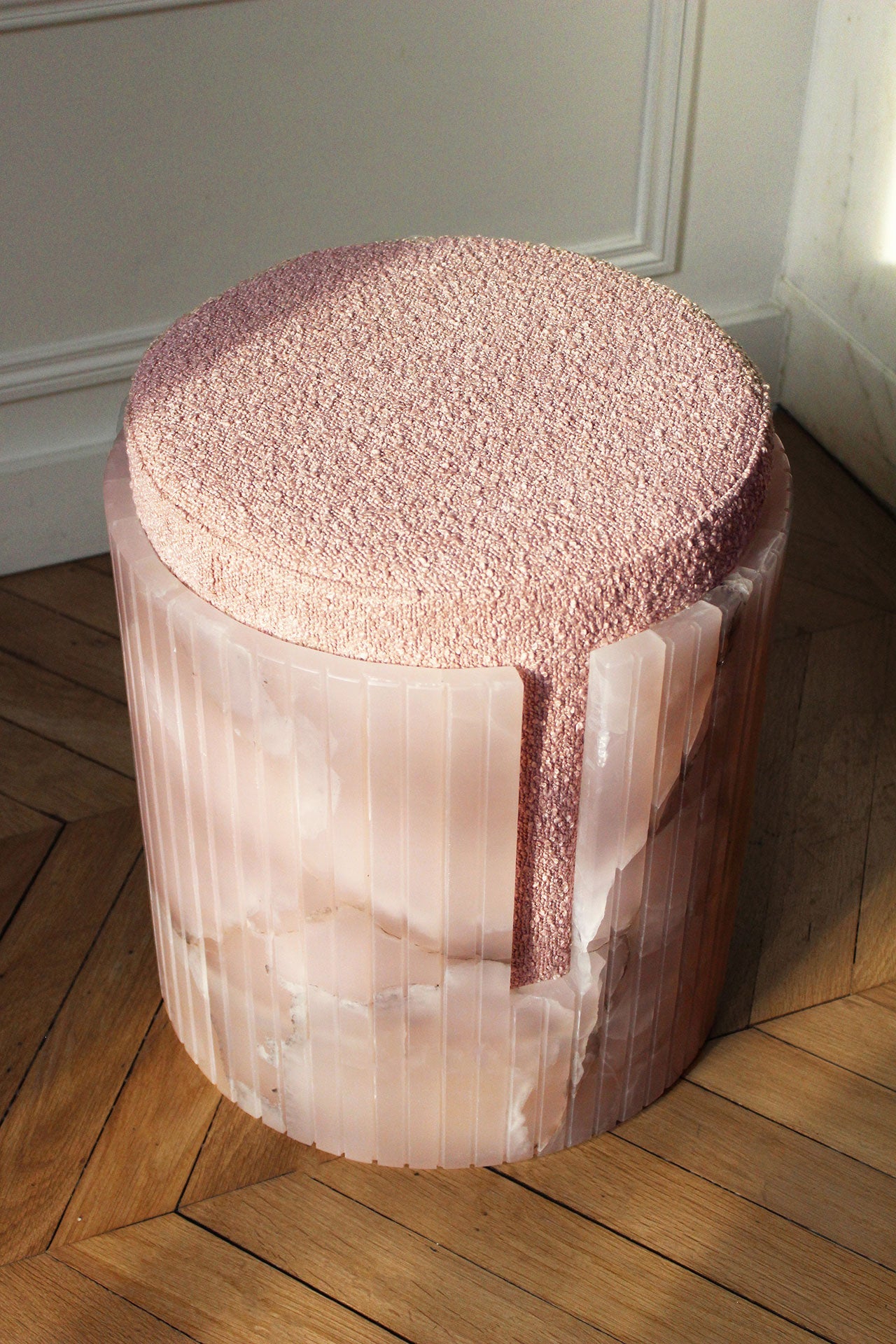 Designer Dolce pink onyx stool - premium Italian marble seating detail craftsmanship focus