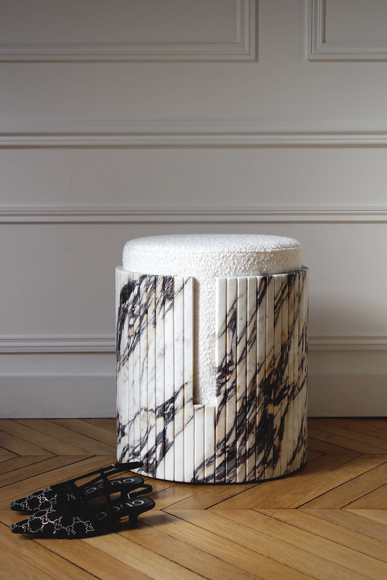 Dolce stool in Calacatta Viola marble lifestyle view - premium Italian luxury furniture piece