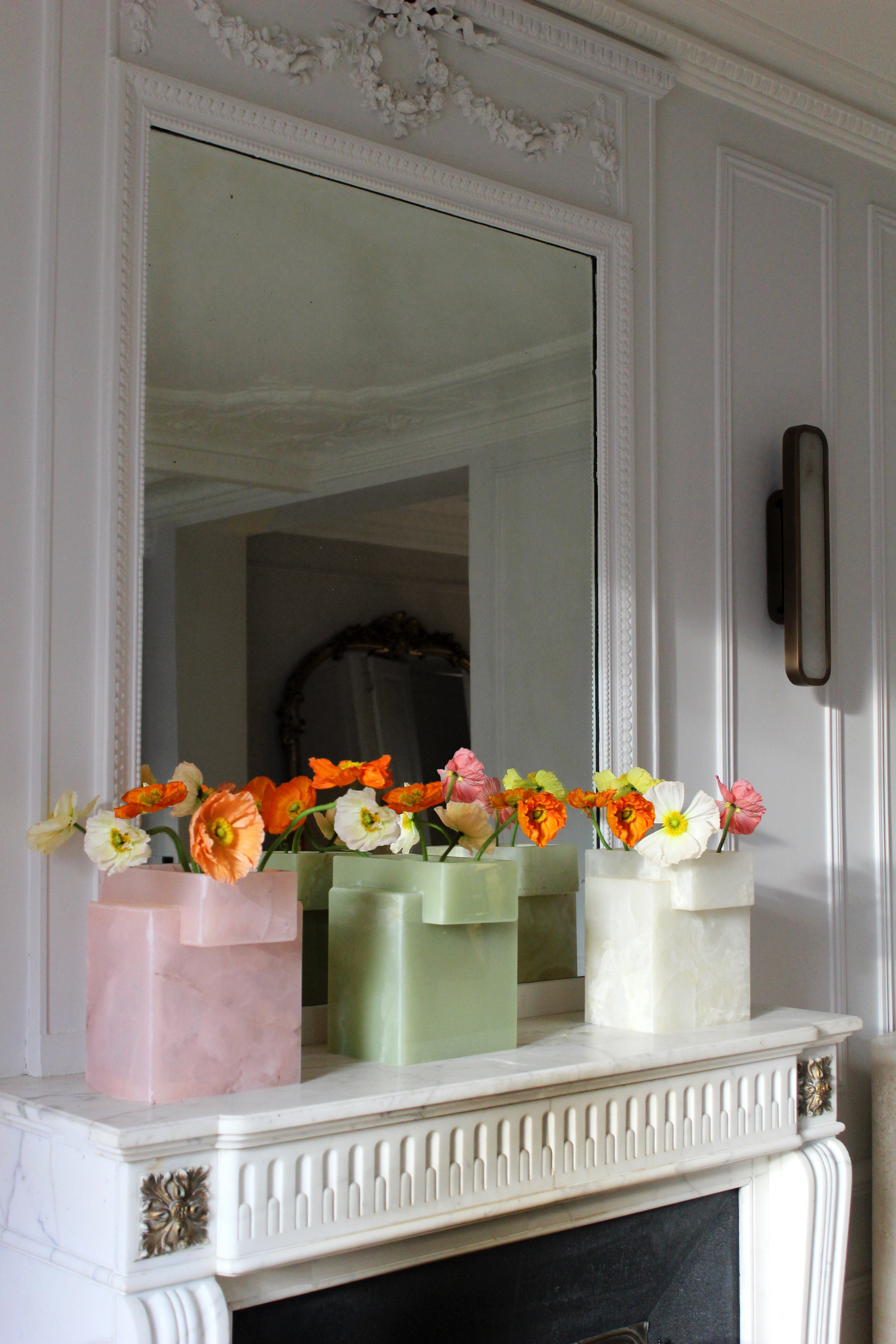 Trio collection featuring honey onyx vases - MARBERA Italian marble luxury home decor arrangement