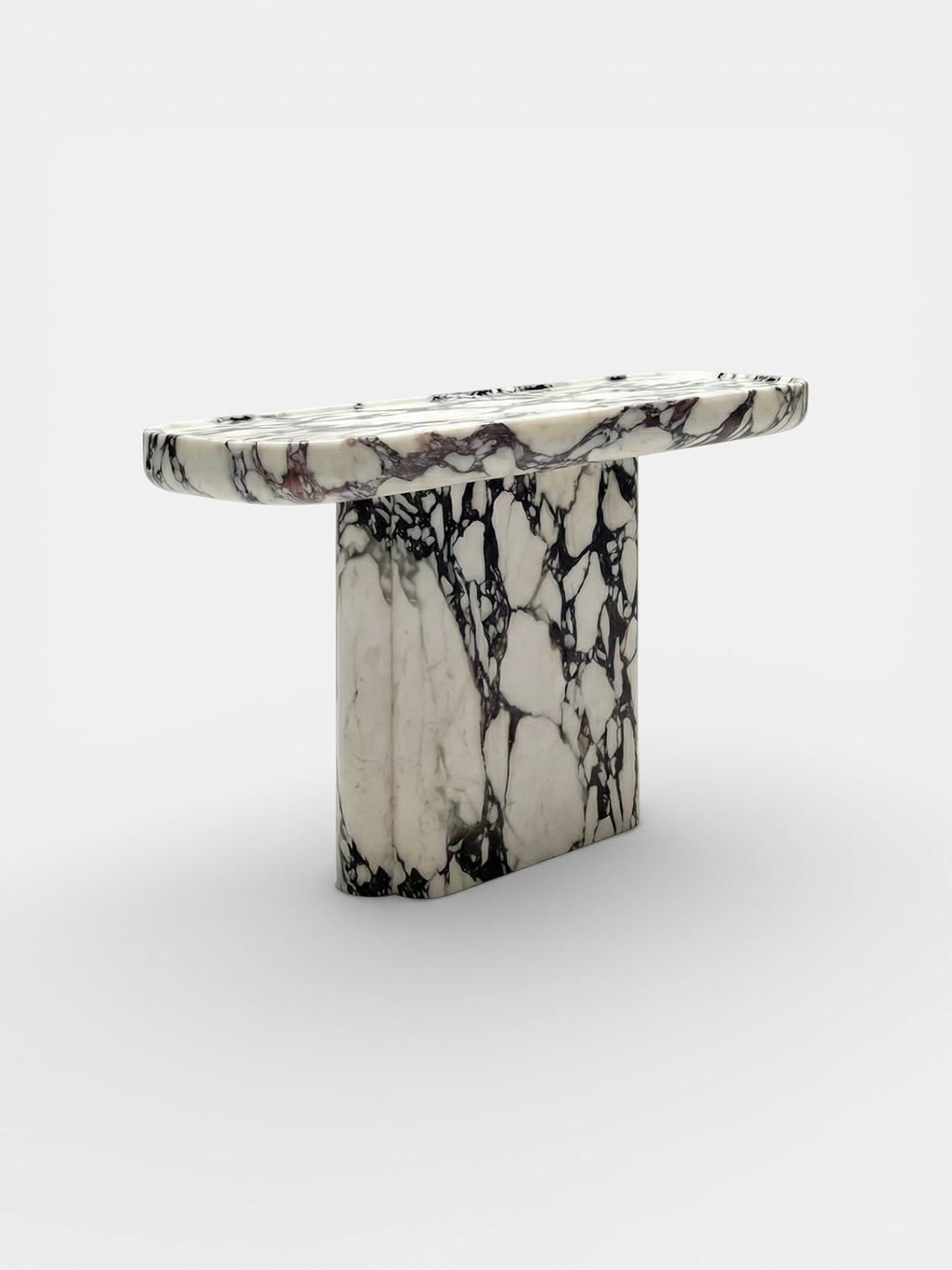Ugo Calacatta Viola marble console side view - Italian luxury furniture with distinctive purple veining