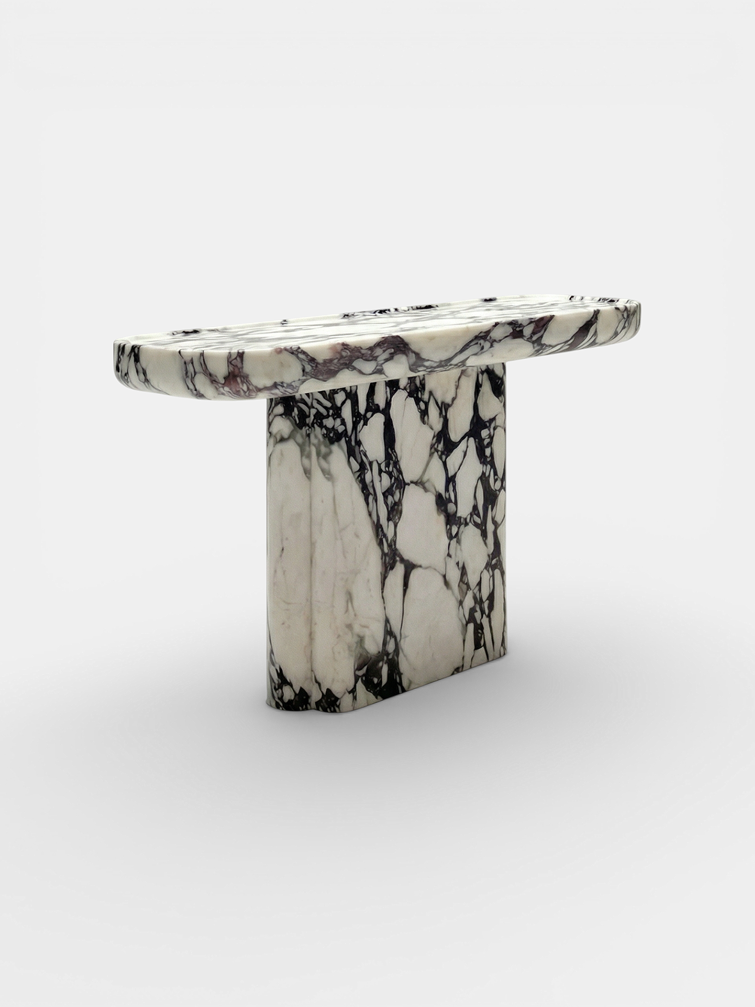 Ugo Calacatta Viola marble console side view - Italian luxury furniture with distinctive purple veining