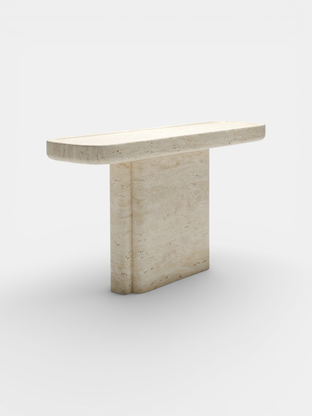 Ugo travertine console detail view - Italian crafted stone furniture with natural earth-toned patterns