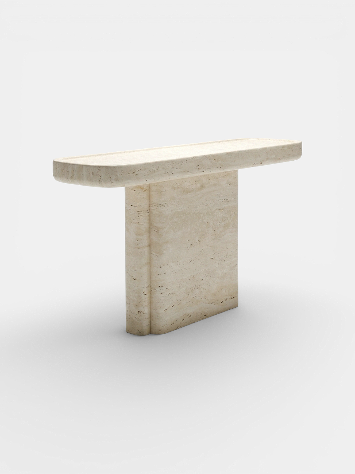 Ugo travertine console detail view - Italian crafted stone furniture with natural earth-toned patterns