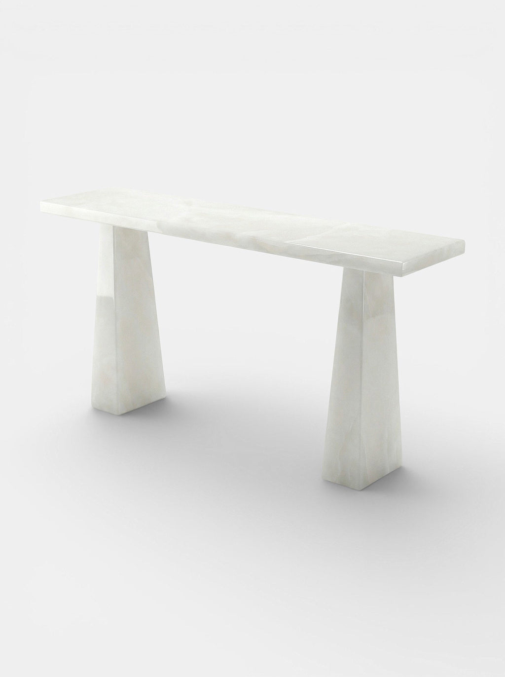 Uma White Onyx marble console detail view highlighting translucent stone beauty and Italian finish