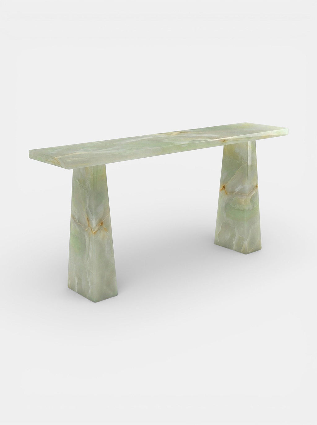 Uma green onyx console detail view - premium Italian stone furniture with vibrant green marble patterns