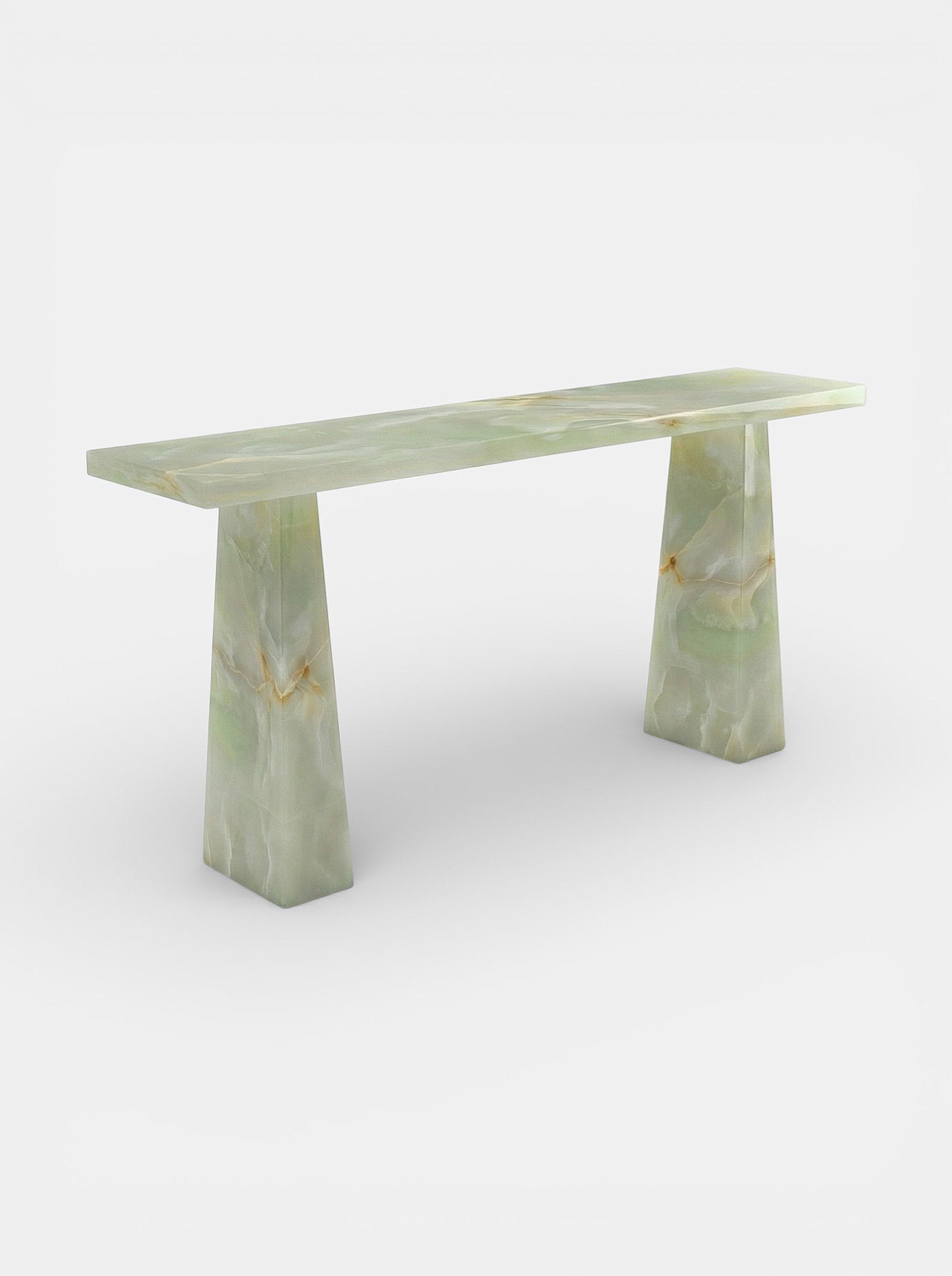 Uma green onyx console detail view - premium Italian stone furniture with vibrant green marble patterns