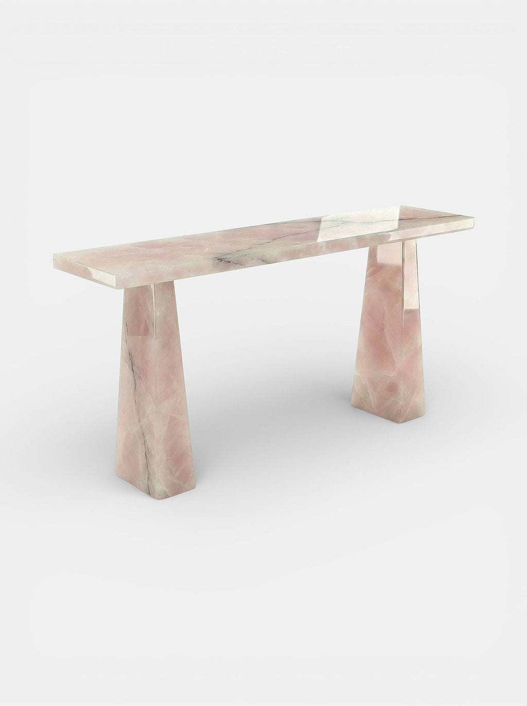Uma Pink Onyx marble console detail showcasing luminous pink stone patterns and elegant finish