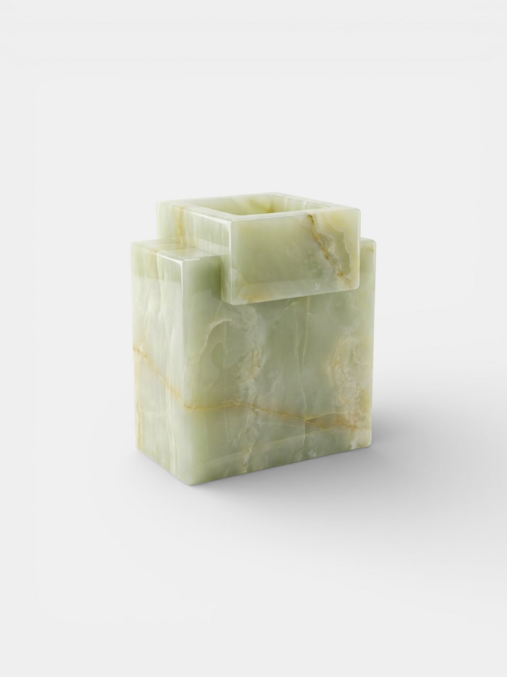 Green onyx Gaia vase three-quarter left view - contemporary Italian marble vessel design