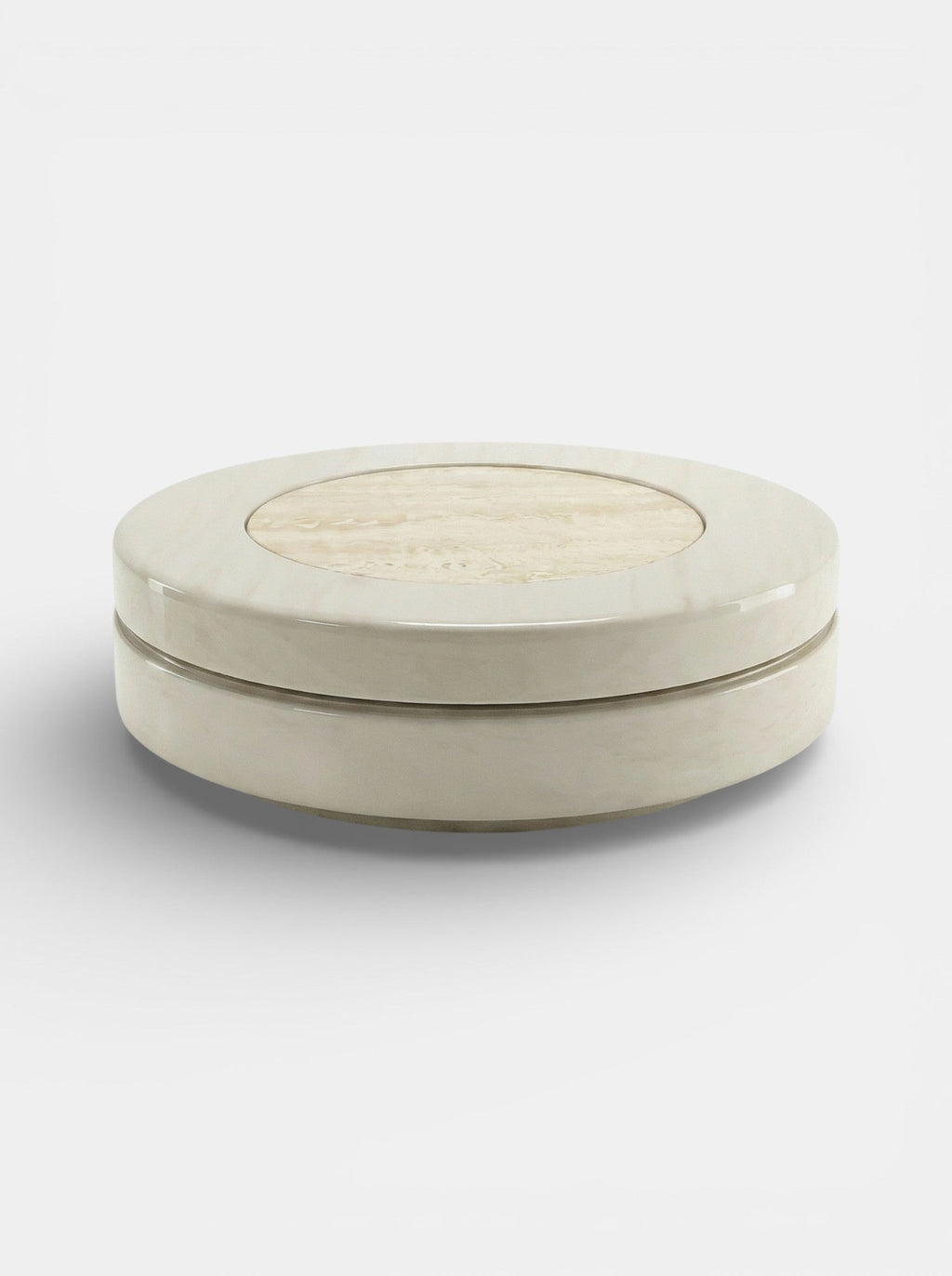 Alternative angle of off-white travertine coffee table - contemporary Italian marble design
