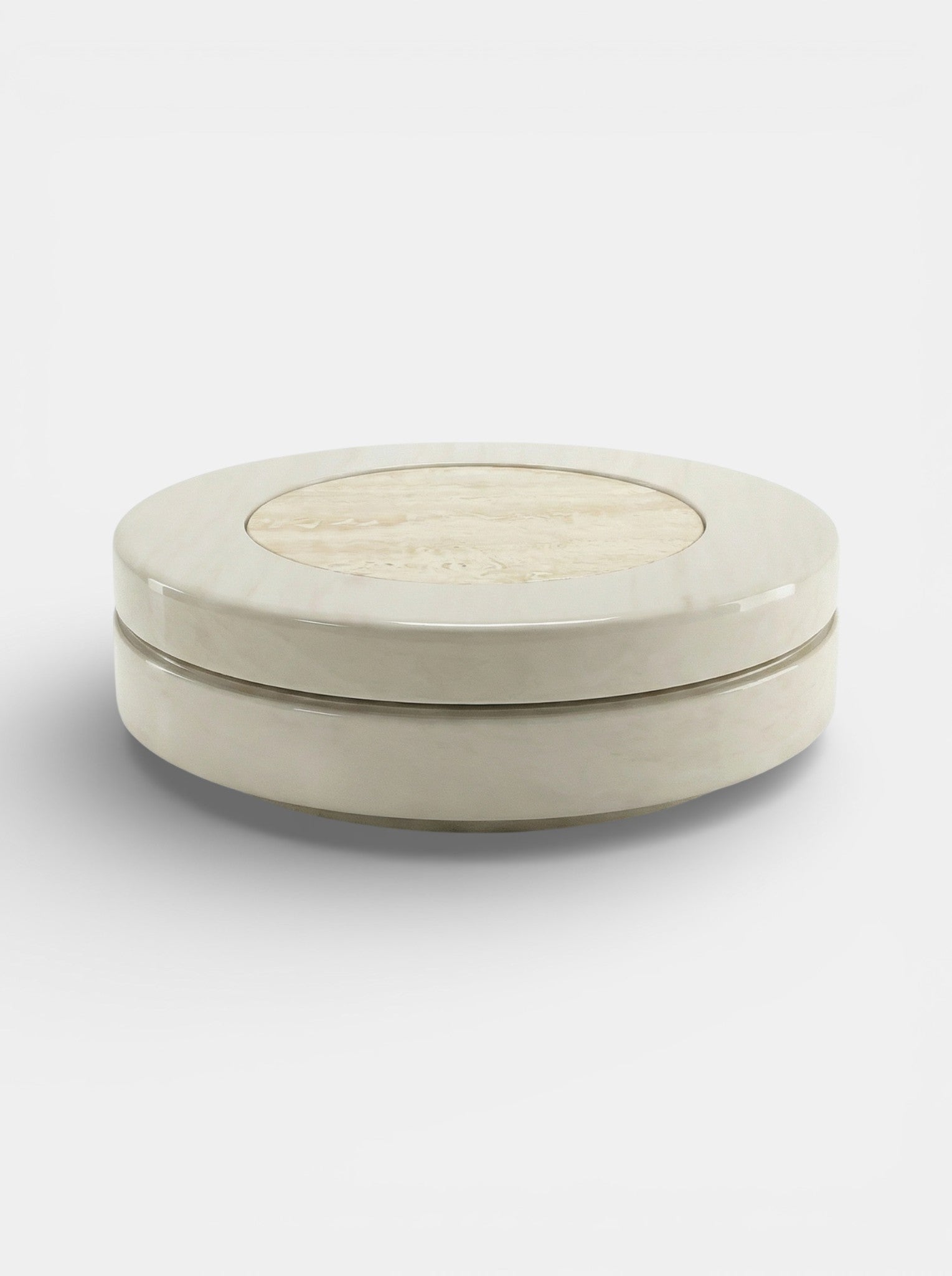 Alternative angle of off-white travertine coffee table - contemporary Italian marble design